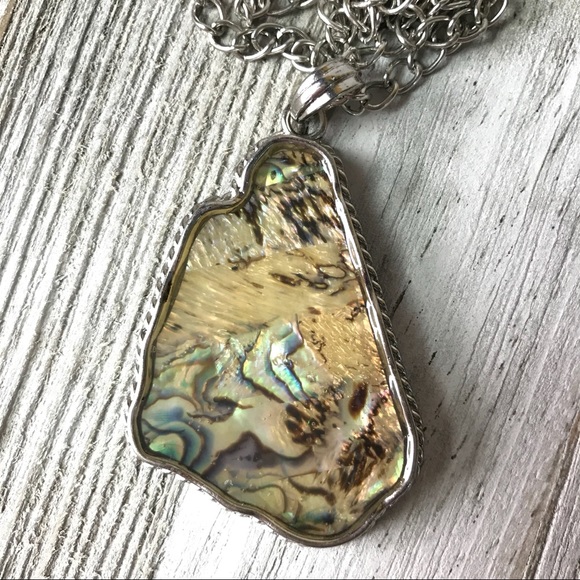 Abalone Free Form Pendant Necklace Long SilverTone - Picture 2 of 6